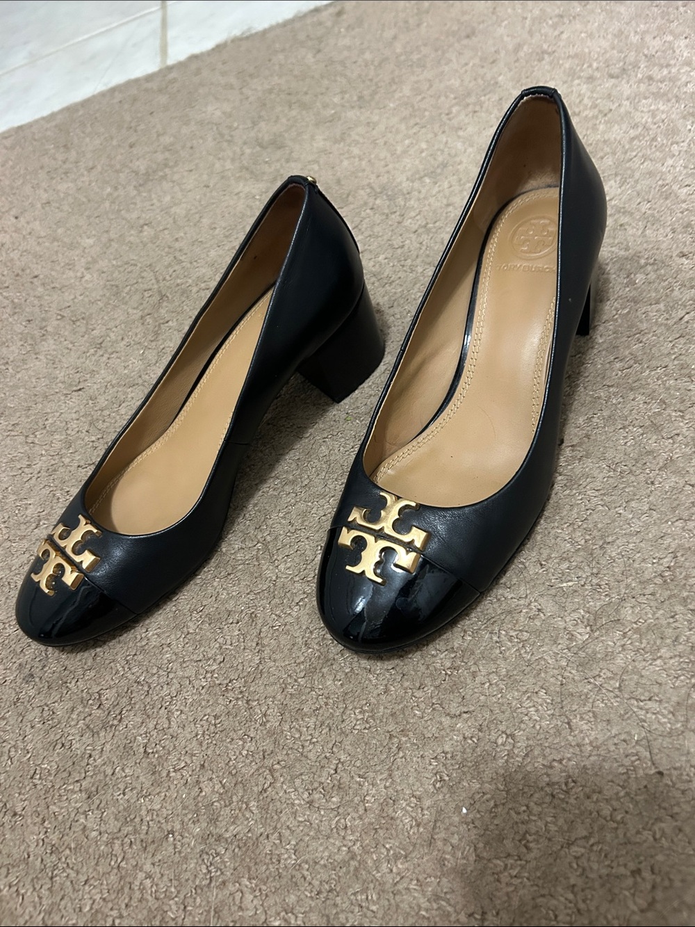 Tory Burch Black Leather Block Heels with Gold Logo Accent